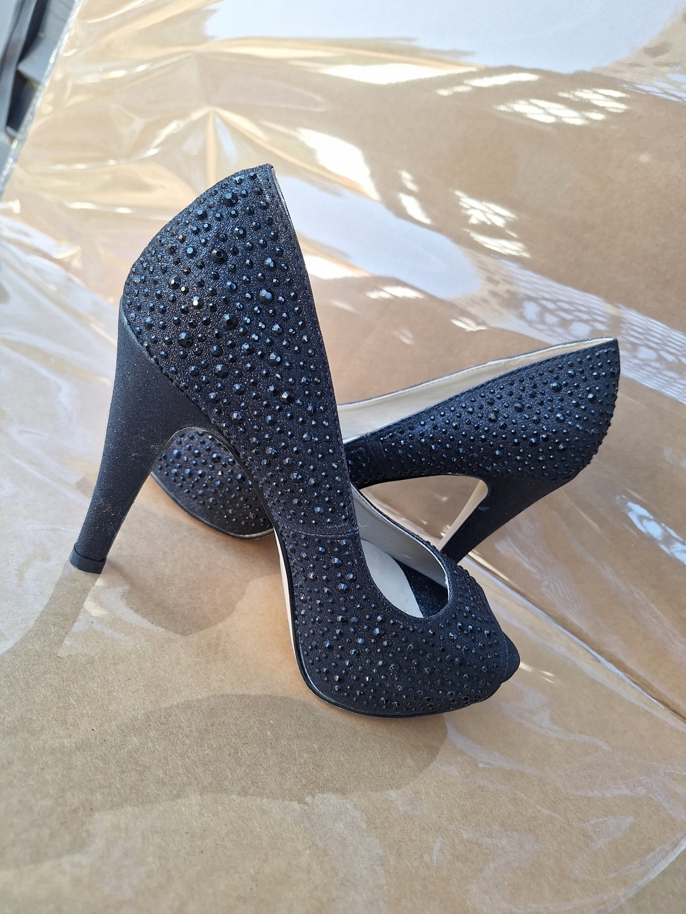 Women's Black Crystal Peep-Toe High Heels
